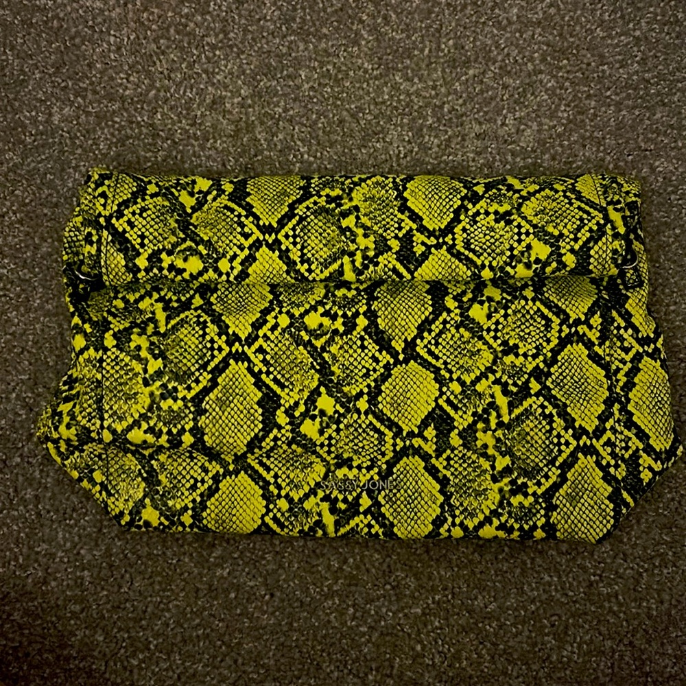 Sassy Jones Sadie Faux snake texture rollup clutch lime black leather